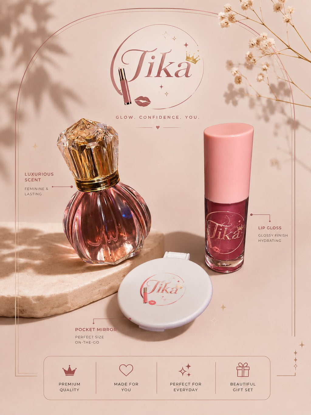 TIKA Luxury Beauty Gift Set – Fragrance, Lip Gloss & Pocket Mirror Collection