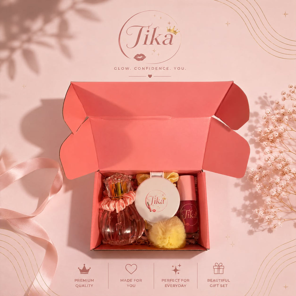 TIKA Luxury Beauty Gift Set – Fragrance, Lip Gloss & Pocket Mirror Collection