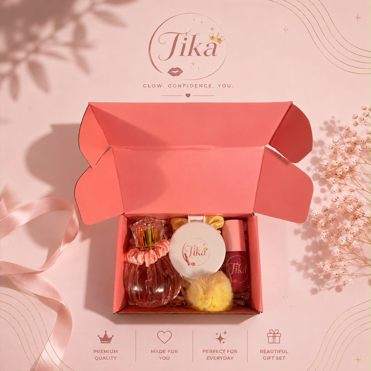TIKA Luxury Beauty Gift Set – Fragrance, Lip Gloss & Pocket Mirror Collection